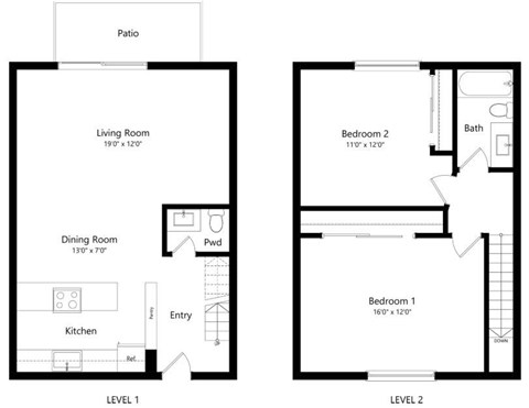 Floor plan for 2 beds, 1.5 baths, 1100 sqft