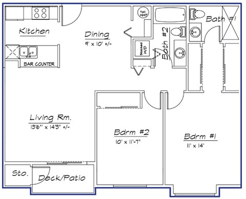 Floor plan for 2 beds, 1.5 baths, 997 sqft