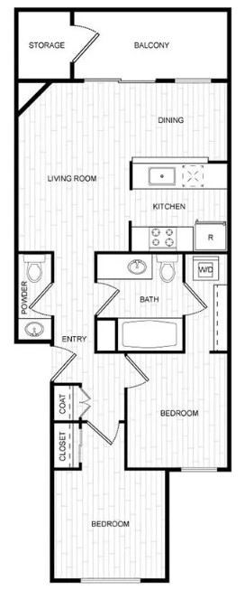 Floor plan for 2 beds, 1.5 baths, 897 sqft