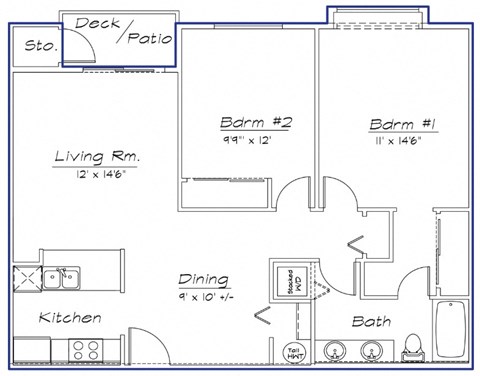 Floor plan for 2 beds, 1 bath, 932 sqft