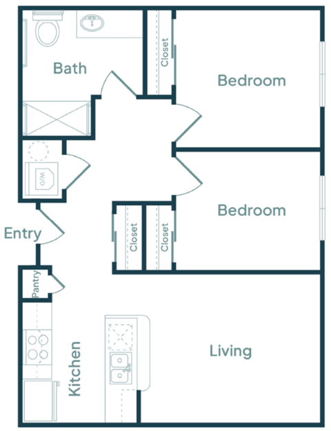 Floor plan for 2 beds, 1 bath, 746 sqft