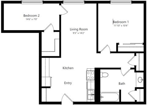 Floor plan for 2 beds, 1 bath, 817 sqft
