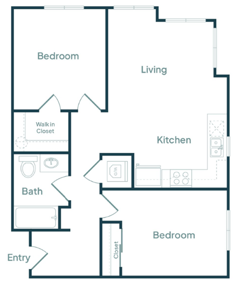 Floor plan for 2 beds, 1 bath, 786 sqft