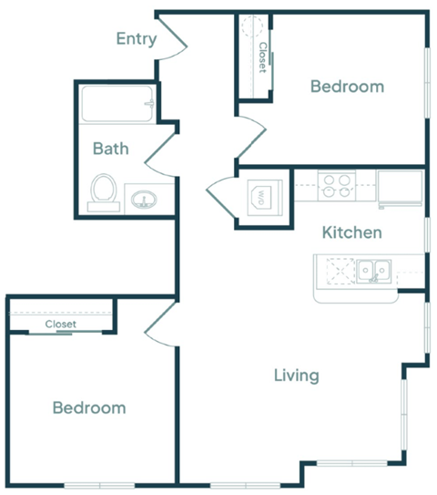 Floor plan for 2 beds, 1 bath, 775 sqft