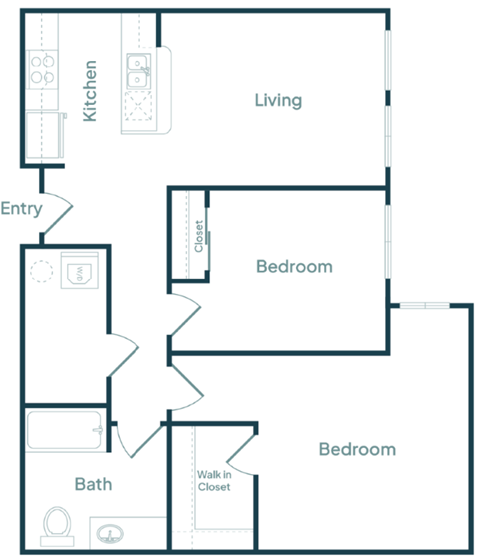 Floor plan for 2 beds, 1 bath, 872 sqft