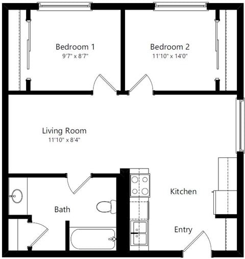 Floor plan for 2 beds, 1 bath, 675 sqft