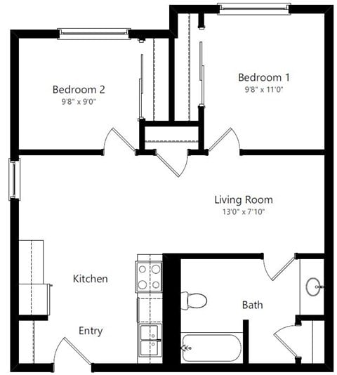 Floor plan for 2 beds, 1 bath, 700 sqft