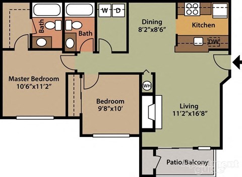 Floor plan for 2 beds, 2 baths, 912 sqft