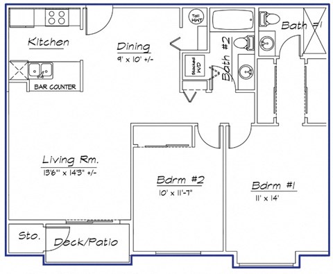 Floor plan for 2 beds, 2 baths, 1003 sqft