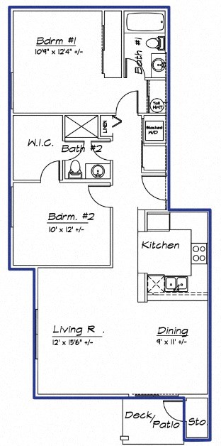 Floor plan for 2 beds, 2 baths, 1017 sqft
