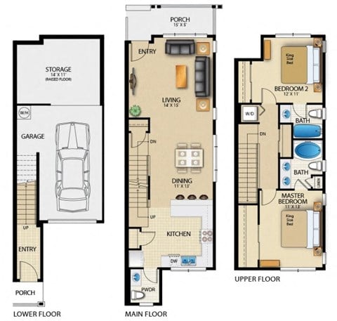 Floor plan for 2 beds, 2.5 baths, 1267 sqft