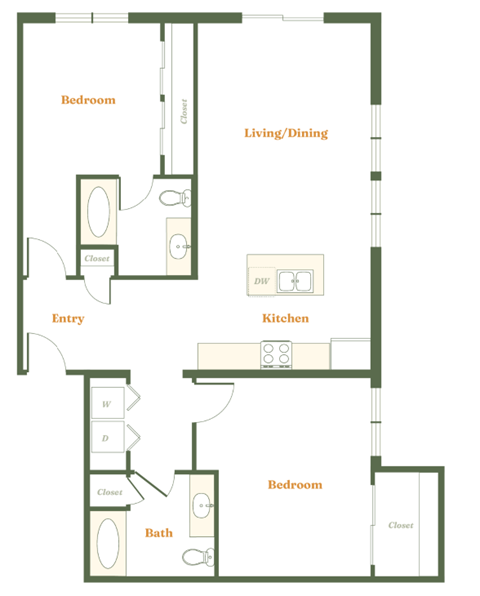 Floor plan for 2 beds, 2 baths, 1105 sqft