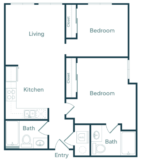 Floor plan for 2 beds, 2 baths, 848 sqft