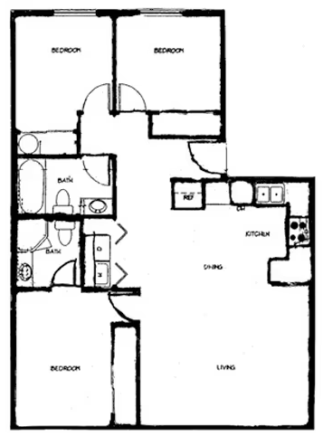 Floor plan for 3 beds, 2 baths, 918 sqft