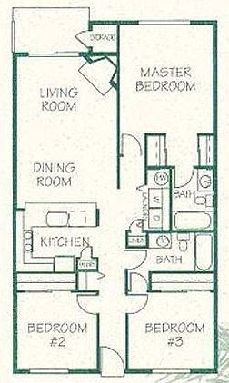 Floor plan for 3 beds, 2 baths, 1143 sqft