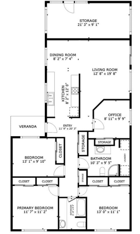 Floor plan for 3 beds, 2 baths, 1380 sqft