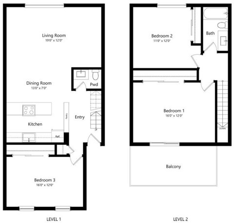 Floor plan for 3 beds, 1.5 baths, 1360 sqft