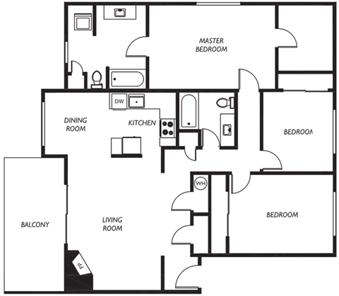 Floor plan for 3 beds, 2 baths, 1350 sqft