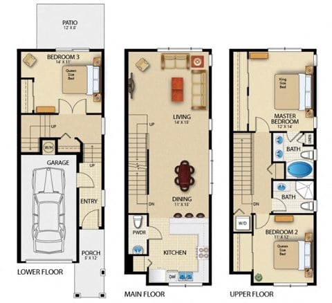 Floor plan for 3 beds, 2.5 baths, 1495 sqft