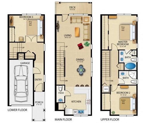 Floor plan for 3 beds, 2.5 baths, 1514 sqft