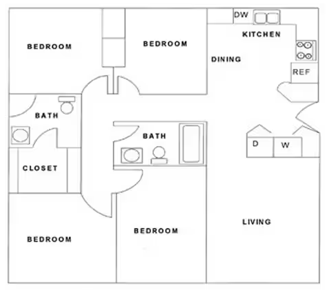 Floor plan for 4 beds, 2 baths, 1023 sqft