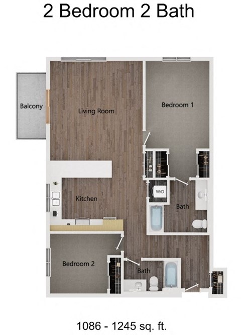 Floor plan for 2 beds, 2 baths, 1086 sqft