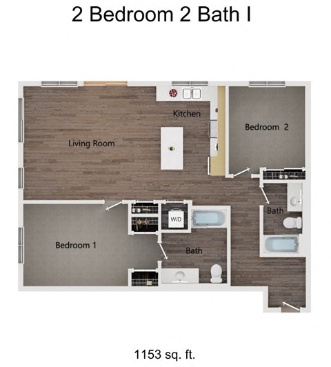 Floor plan for 2 beds, 2 baths, 1153 sqft