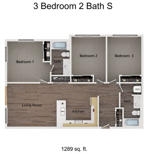 Floor plan for 3 beds, 2 baths, 1289 sqft