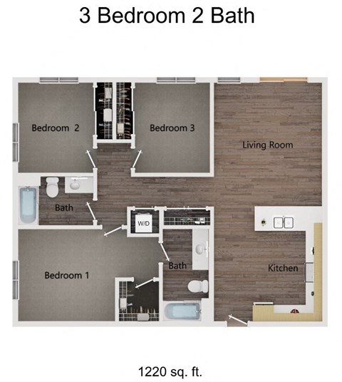 Floor plan for 3 beds, 2 baths, 1220 sqft