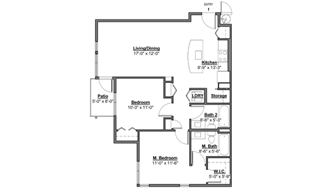 Floor plan for 2 beds, 1 bath, 922 sqft