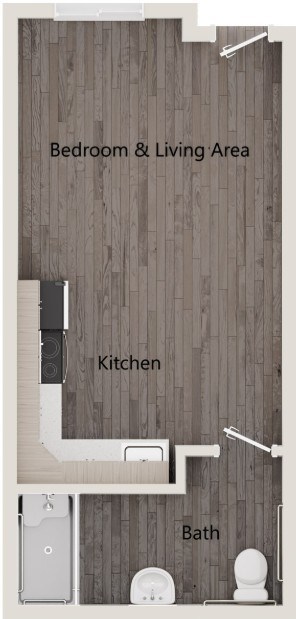 Floor plan for studio, 1 bath, 308 sqft