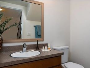 Portland apartment for rent - A bathroom with a white sink and a mirror above it.