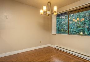 Lynnwood apartment for rent - an empty living room with a large window and a chandelier