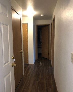 Burlington apartment for rent - A hallway with a white door on the left and a brown door on the right.