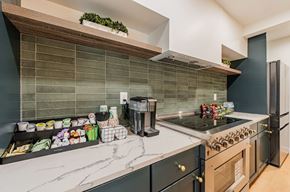 Bellevue apartment for rent - A kitchen with a black oven and a marble countertop.
