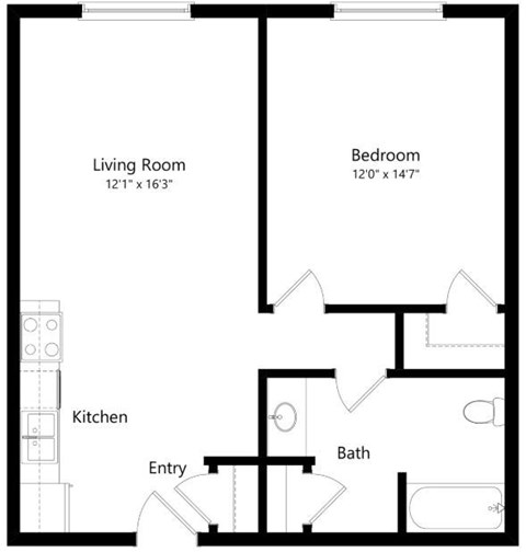 Floor plan for 1 bed, 1 bath, 670 sqft