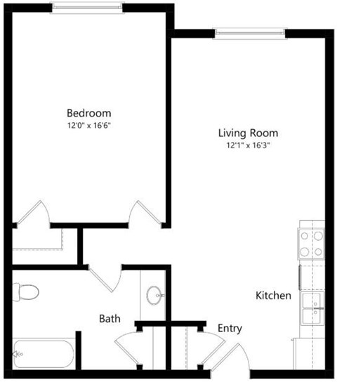 Floor plan for 1 bed, 1 bath, 710 sqft