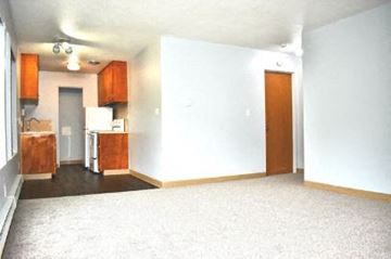 Seattle apartment for rent - an empty living room and kitchen with a white carpet