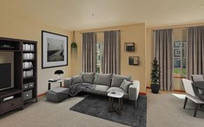 Wenatchee apartment for rent - A living room with a grey sofa, a black coffee table, a TV, and a potted plant.