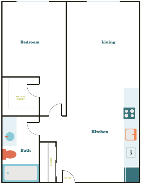 Floor plan for 1 bed, 1 bath, 649 sqft