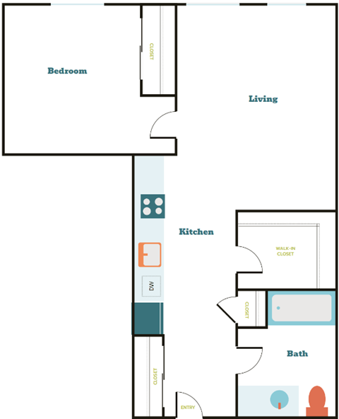 Floor plan for 1 bed, 1 bath, 645 sqft