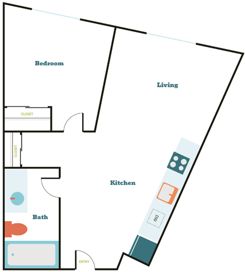Floor plan for 1 bed, 1 bath, 537 sqft