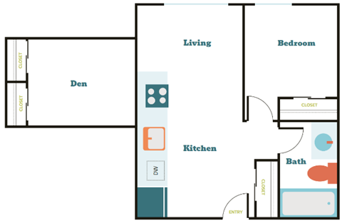 Floor plan for 1 bed, 1 bath, 691 sqft