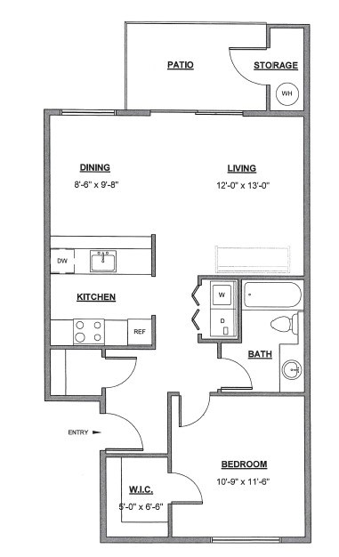 Floor plan for 1 bed, 1 bath, 678 sqft