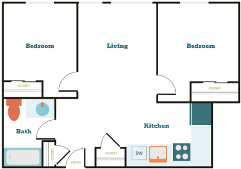 Floor plan for 2 beds, 1 bath, 796 sqft