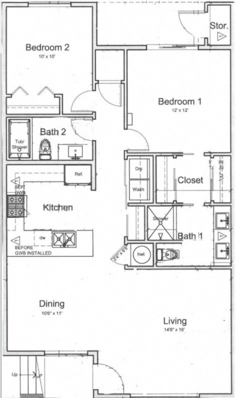 Floor plan for 2 beds, 2 baths, 1110 sqft