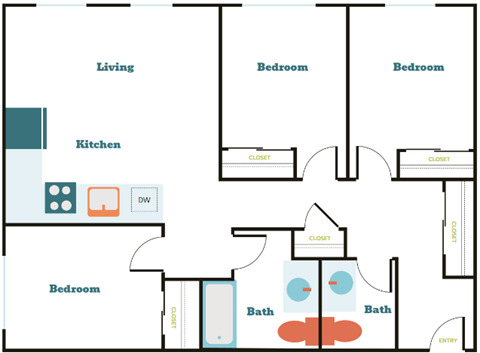 Floor plan for 3 beds, 1.5 baths, 1071 sqft