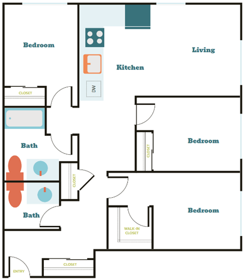 Floor plan for 3 beds, 1.5 baths, 1098 sqft