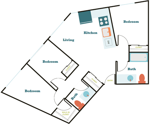 Floor plan for 3 beds, 1.5 baths, 1157 sqft