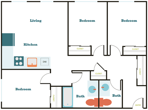 Floor plan for 3 beds, 1.5 baths, 1064 sqft